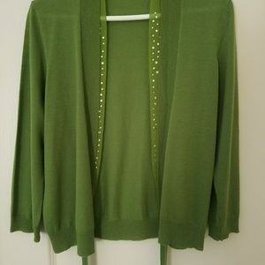 Green cardigan w/ties on the bottom.